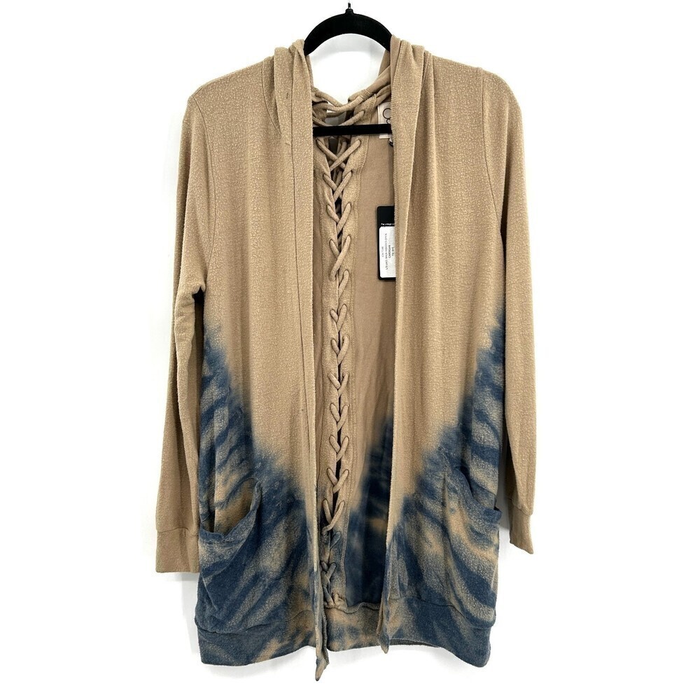 NWT CHASER Tan Blue Tie Dye Lace Up Back Hooded Cardigan Sweater Size Medium